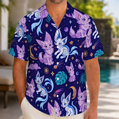 Lavender Psychic Kittens Celestial Beach Style for Summer Vacation Cat Lovers Gift Idea Hawaiian Shirt