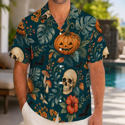 Halloween Skull Pumpkin Garden Aloha for Spooky Tropical Parties and Resort Getaways Hawaiian Shirt
