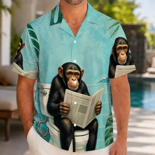 Funny Chimpanzee Reading Newspaper Tropical Humor for Vacation Lounging and Beach Days Hawaiian Shirt