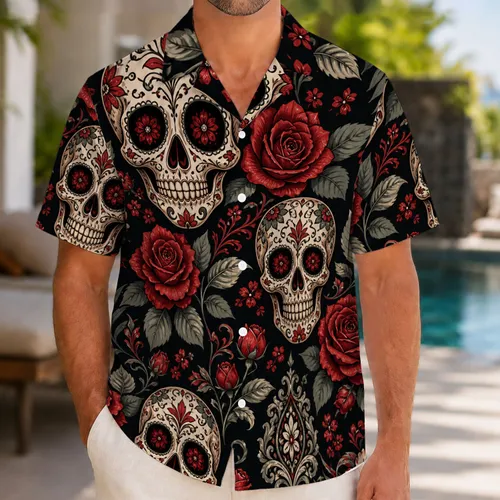 Red Rose Sugar Skull Gothic Floral Aloha Style For Halloween Parties And Skull Lovers Hawaiian Shirt