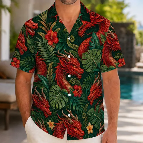 Red Dragon Jungle Foliage Adventure for Fantasy Travel, Festivals, and Game Nights Hawaiian Shirt
