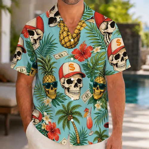 Skull Pineapple Beach Party Scene for Men at Tropical Vacations and Summer Getaways Hawaiian Shirt