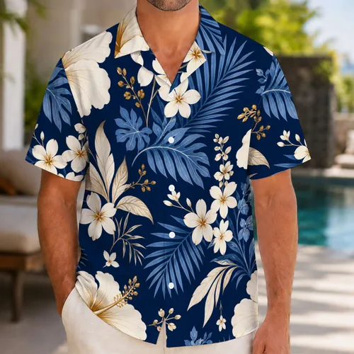 Navy Hibiscus and Tropical Flowers for Beach Holidays and Resort Getaways Hawaiian Shirt