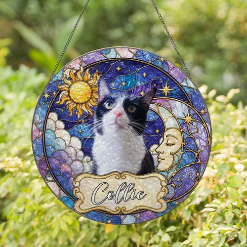 Personalized Cat Photo Suncatcher – Custom Pet Name Celestial Sun & Moon Window Hanging, Cat Lover Gift