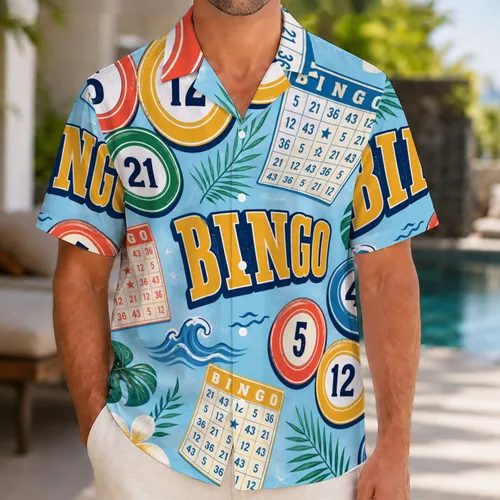 Colorful Bingo Numbers and Tropical Island Icons for Summer Game Nights and Vacations Hawaiian Shirt