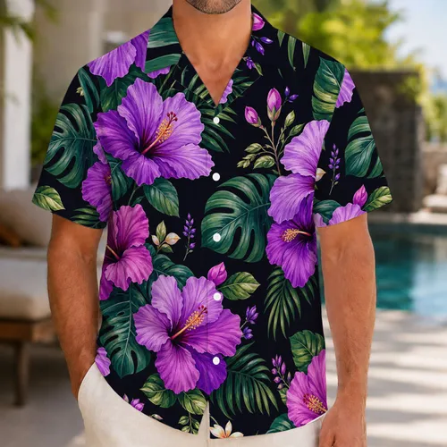 Purple Hibiscus And Lush Greenery For Tropical Couple Beach Getaways And Vacations Hawaiian Shirt