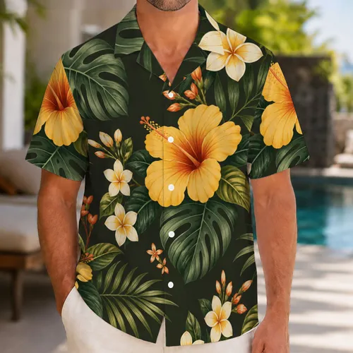 Golden Hibiscus And Palm Botanicals For Beach Getaways And Matching Couple Vacations Hawaiian Shirt