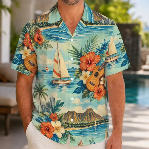 Diamond Head Sailboats and Tropical Hibiscus for Island Vacations and Beach Getaways Hawaiian Shirt