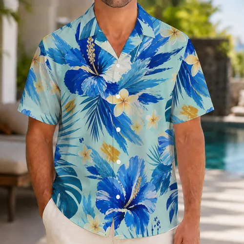 Blue Abstract Floral Couple Matching Resort Looks for Beach Vacations and Honeymoons Hawaiian Shirt