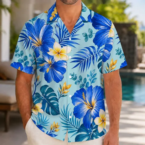 Blue and Gold Tropical Flowers for Beach Vacations and Family Island Getaways in Summer Hawaiian Shirt