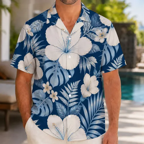 Navy Hibiscus Family Florals for Tropical Vacations and Beach Days, Mom Dad Kids Hawaiian Shirt