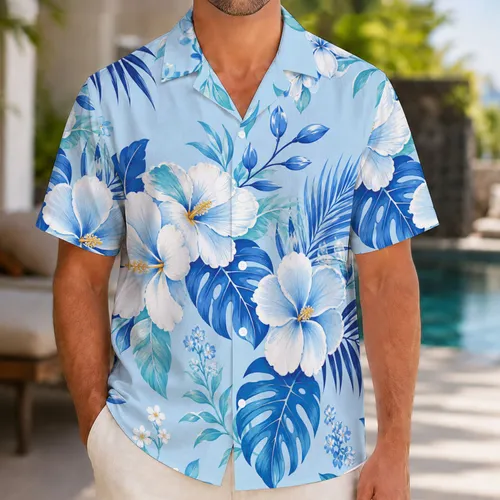 Blue Floral Coastal Escape for Couples, Resort Travel Style for Him and Her Together Hawaiian Shirt