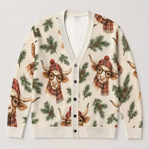 Playful Longhorn Cow Motifs For Cozy Ranch Days, Winter Gatherings, And Casual Weekends All-over Print Knitted Cardigan