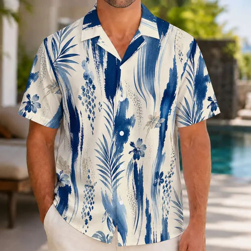 Navy Indigo Vertical Brushstrokes for Coastal Vacations and Weekend Resort Wear Hawaiian Shirt