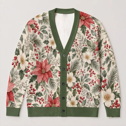 Red Berry Winter Floral Holiday Layering Style for Women, Cozy Seasonal Gathering Wear and Gifting All-over Print Knitted Cardigan
