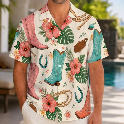 Western Cowboy Boots and Hibiscus Cowgirl Outfit for Nashville Bachelorette Weekend Hawaiian Shirt