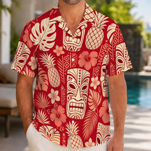 Red Tiki Masks With Tropical Flowers For Island Parties And Summer Getaways For All Hawaiian Shirt