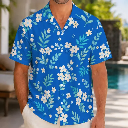 Cobalt Blue Micro-Flower Golf Couple Motif for Matching Resort Vacation Outfits Together Hawaiian Shirt