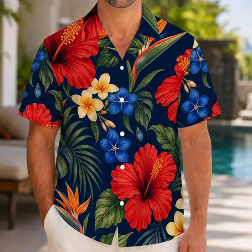 Tropical Hibiscus and Plumeria Blooms for Island Vacations and Resort Weekends for Men Hawaiian Shirt