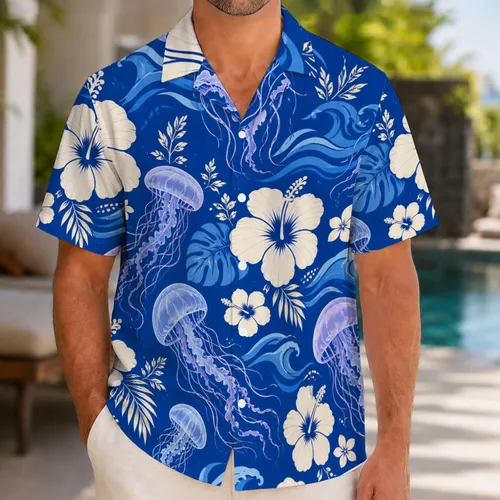 Blue Jellyfish Hibiscus Ocean Vacation Gift for Beach Lovers, Sea Life Fans, Adults Hawaiian Shirt