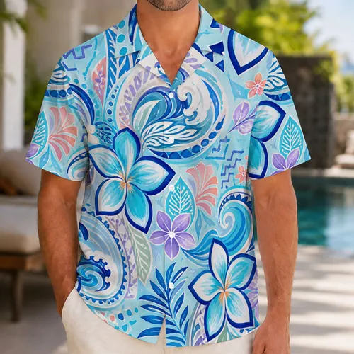 Aqua Plumeria And Geometric Island Motifs For Resort Vacations And Beach Getaways Hawaiian Shirt