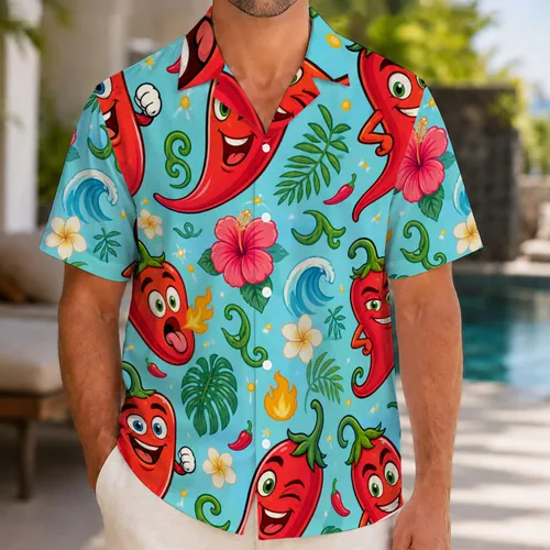 Bold Cartoon Chili Pepper Characters for Beach Holidays and Summer Parties for Men Hawaiian Shirt