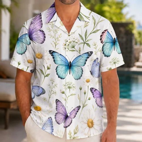 Pastel Butterfly Daisy Garden for Sunny Getaways and Resort Days, Men's Vacation Style Hawaiian Shirt