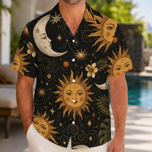Celestial Sun Moon Star Motifs for Resort Nights, Summer Travel, and Vacation Wear Men Hawaiian Shirt