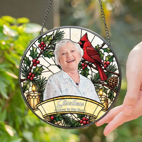 Personalized Memorial Cardinal Suncatcher – Custom Photo & Name Window Hanging, Christmas Sympathy Gift