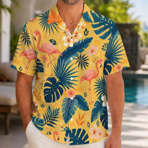 Yellow Tropical Flamingo Leaves for Beach Vacations and Bachelor Party Celebrations Hawaiian Shirt