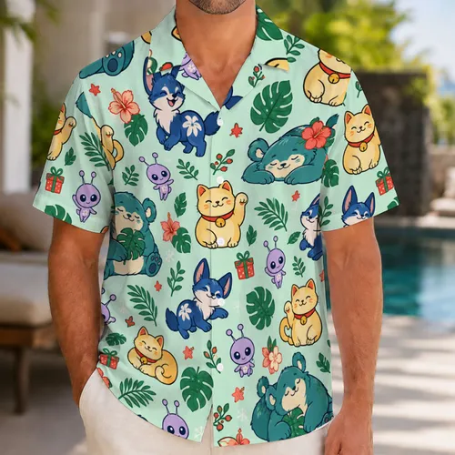 Sleepy Teal Beasts and Golden Lucky Cats for a Cheerful Christmas Island Getaway Hawaiian Shirt