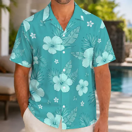 Teal Hibiscus and Palm Leaf Motifs for Tropical Resort Getaways and Beach Holidays Hawaiian Shirt