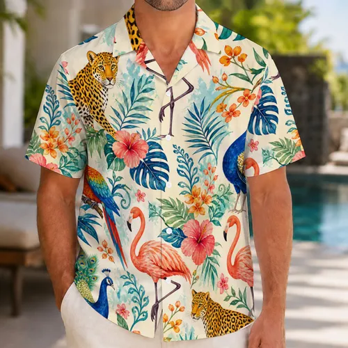 Flamingo Parrot Leopard Jungle Scene for Island Getaways and Resort Vacations for Men Hawaiian Shirt