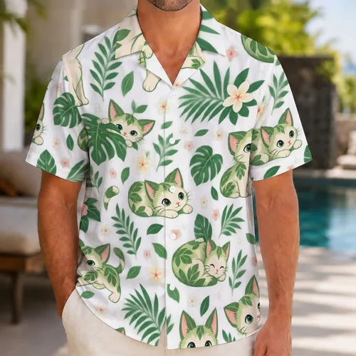Leaf-Eared Kittens in a Green Garden for Cheerful Summer Beach Days and Cat Lovers Hawaiian Shirt