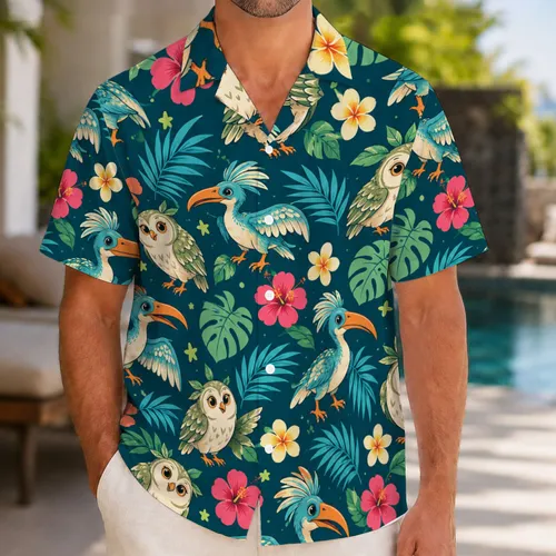 Colorful Tropical Owl And Crested Dinosaur Summer Island Vacation Gift For Nature Lovers Hawaiian Shirt