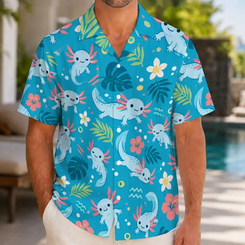 Cute Blue Axolotl Creatures for Sunny Beach Getaways and Summer Island Escapes Hawaiian Shirt