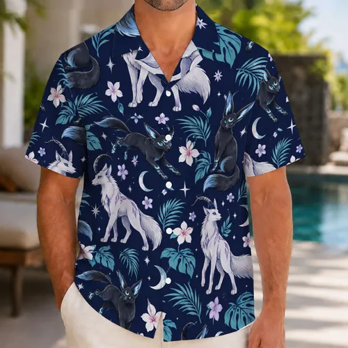 Moonlit Ring-Eared Fox and Arctic Horned Beast for Summer Getaways and Fantasy Fans Hawaiian Shirt
