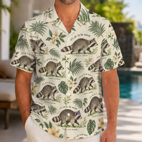 Quirky Raccoon and Tropical Botanicals for Relaxed Island Adventures Hawaiian Shirt