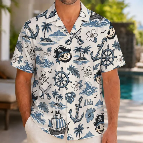 Playful Pirate Skulls, Ships And Tropical Waves For Sunny Cruise Holiday Adventures Hawaiian Shirt