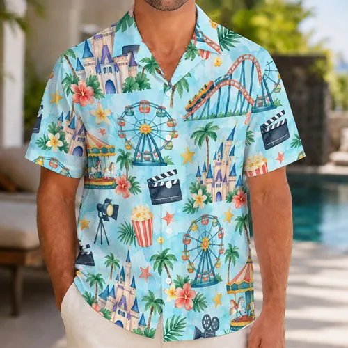 Watercolor Theme Park Attractions for Summer Getaways and Family Vacation Adventures Hawaiian Shirt