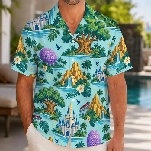Fairytale Castle And Park Icons For Magical Family Vacation Adventures Hawaiian Shirt