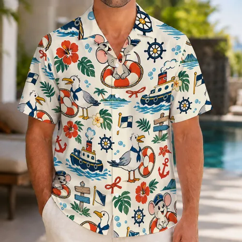 Nautical Mouse Sailor and Lifebuoy Motifs for Family Summer Beach Getaways Hawaiian Shirt
