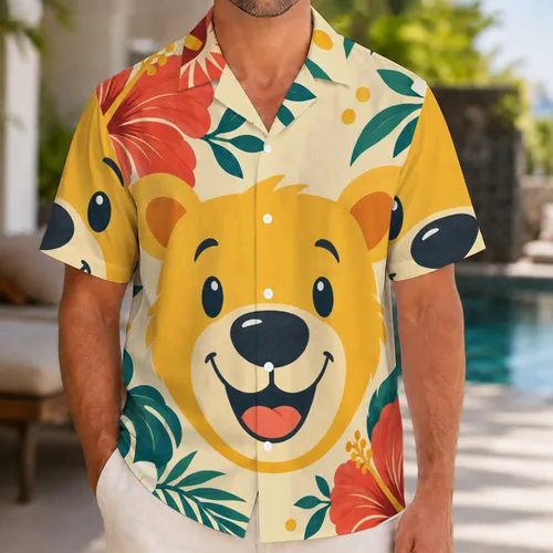 Cheerful Bear Face and Hibiscus for Sunny Island Getaways and Family Vacation Days Hawaiian Shirt
