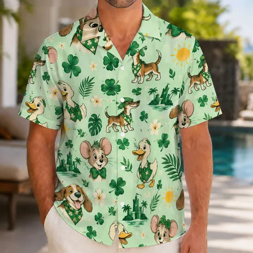 Lucky Shamrocks and Cartoon Animal Friends for St. Patrick’s Day Island Getaways Hawaiian Shirt