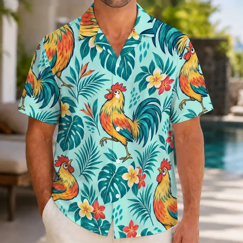 Whimsical Tropical Rooster Motifs for Sunny Island Getaways and Beachside Celebrations Hawaiian Shirt