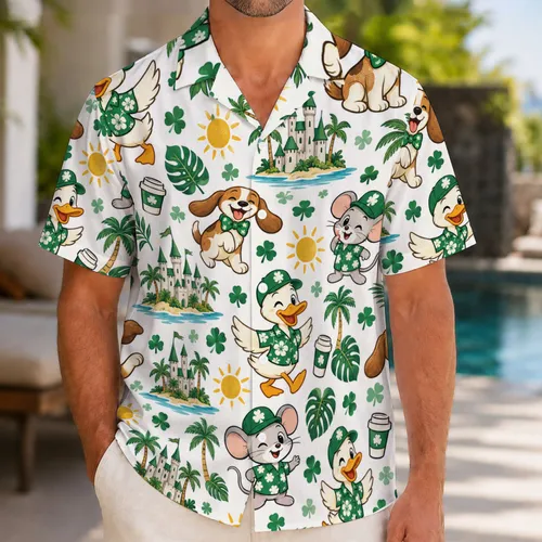 Irish Shamrocks, Cheerful Cartoon Animals And Castle For St Patrick’s Day Vacation Hawaiian Shirt