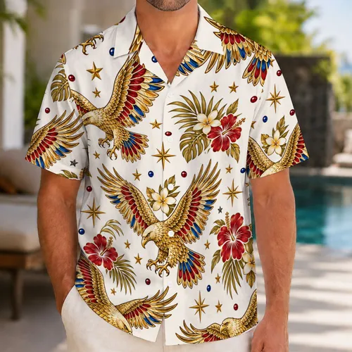 Jeweled Golden Eagles and Stars for Retro Rock Concerts and Island Getaways Hawaiian Shirt