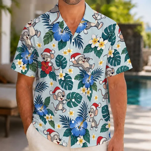 Cheerful Holiday Mouse and Blue Tropical Blooms for Festive Island Getaways Hawaiian Shirt