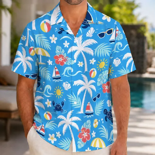Tropical Palm Trees and Beach Icons for Sunny Family Island Vacation Adventures Hawaiian Shirt