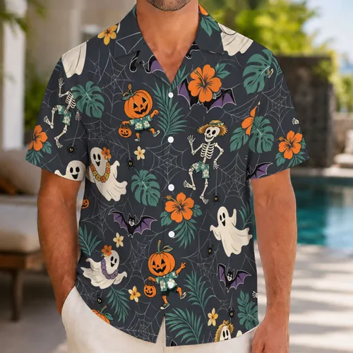 Spooky Halloween Cartoon Ghosts and Trick-or-Treaters for Festive Fall Vacation Fun Hawaiian Shirt